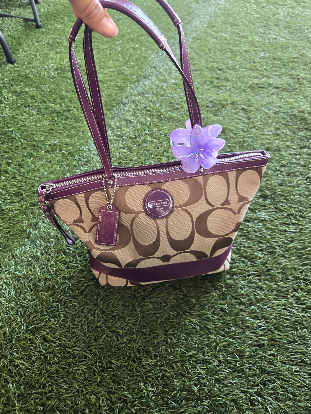 Coach Signature Tote with Purple Trim and Tan Canvas